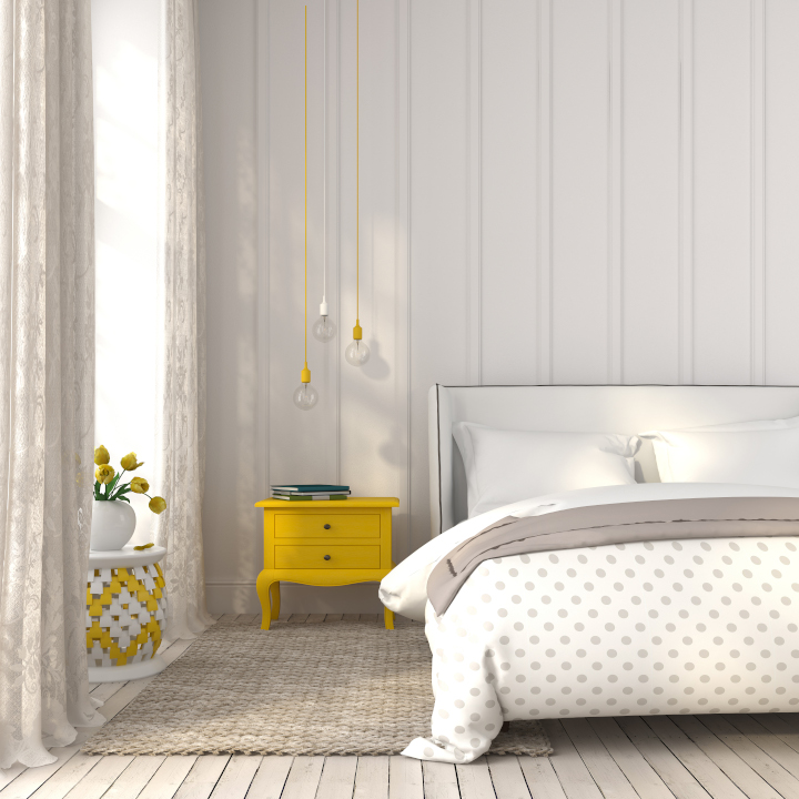 Deepcleaning house checklist: a modern bedroom in white color with yellow accent