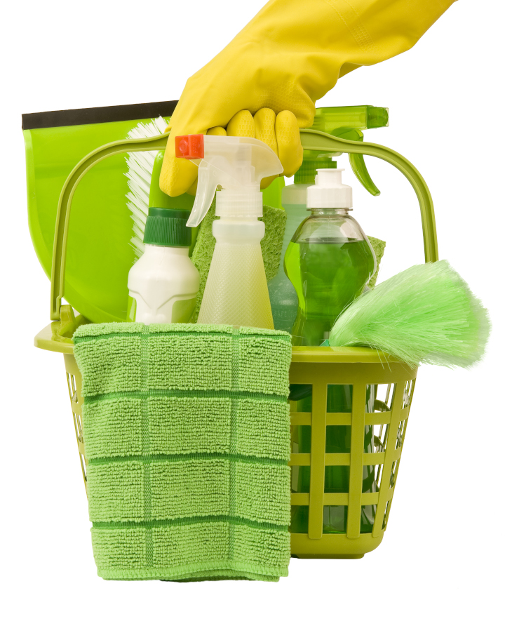 A cleaning caddie with cleaners and microfiber