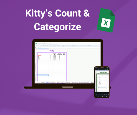 A mockup showing the spreadsheet on a laptop screen (a storage area sheet), and a smartphone screen (the grocery list sheet that fits!)