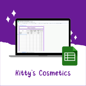 A mockup of Kitty's Cosmetic on a computer screen. It's a spreadsheet to track each cosmetic expiration date