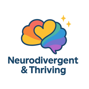 Logo transparent A stylised multicolor brain including a heart shape, with sparks near it. Below are the words Neurodivergent & Thriving