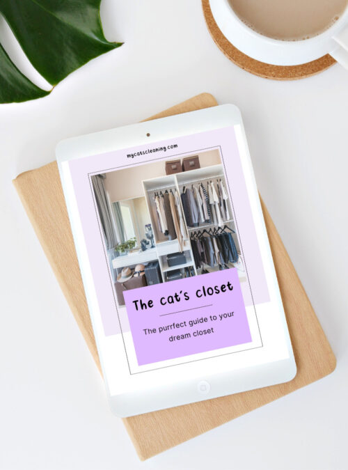 Too many clothes? Use the handy ebook The Cat’s Closet to declutter them! A muckup showing the cover of the ebook on a tablet